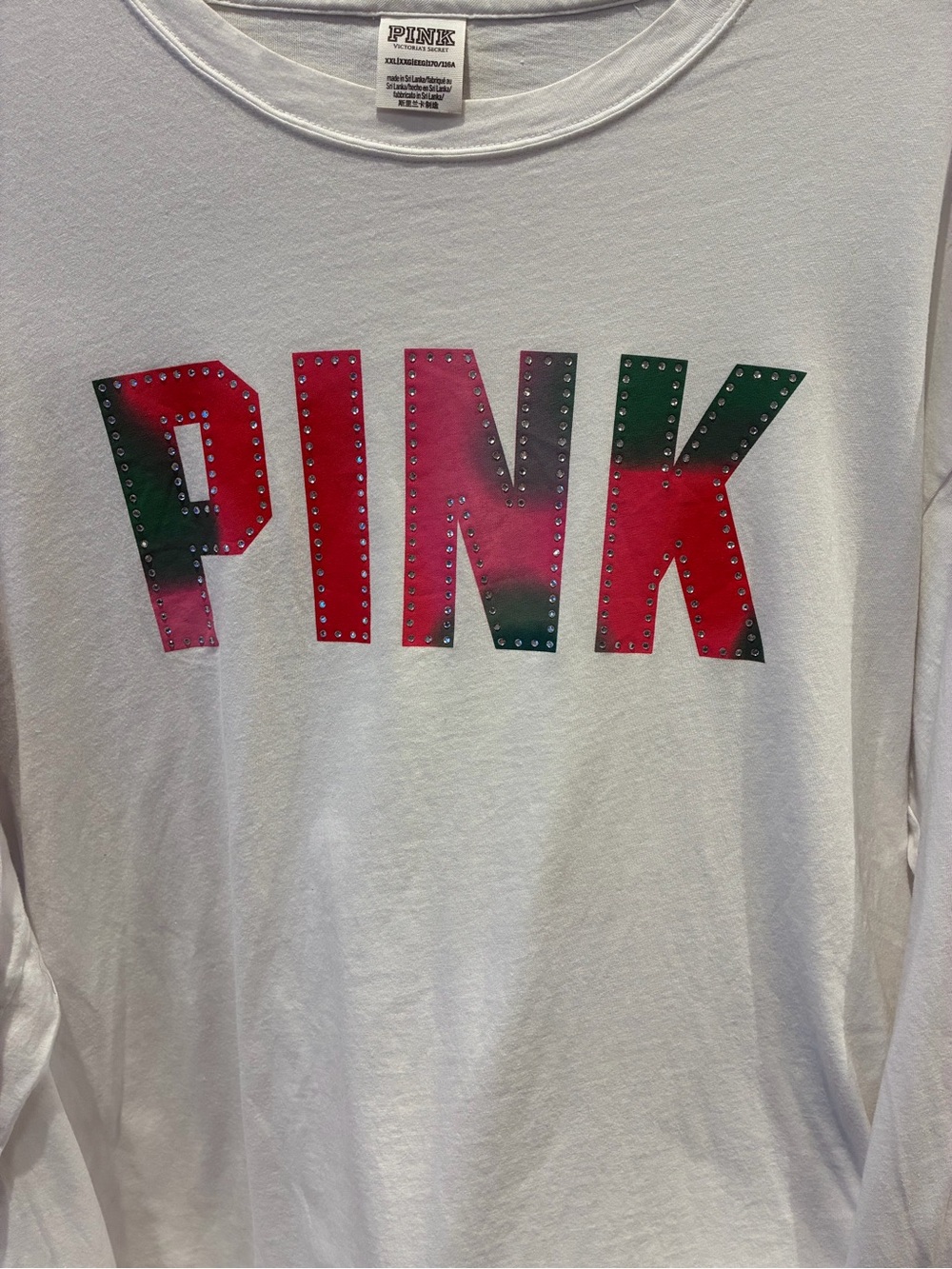 PINK Victoria's Secret White Tee with Red and Green Studded Logo